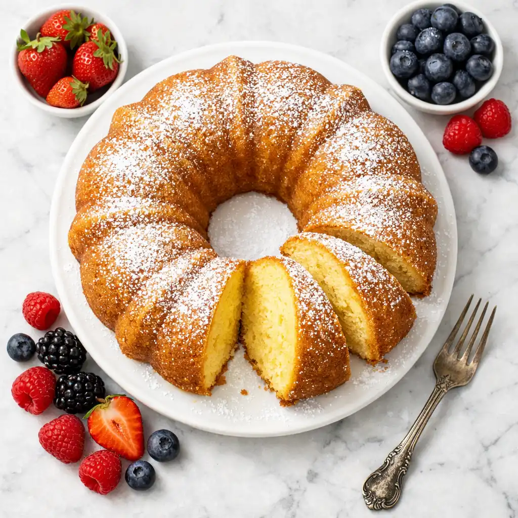 pound cake from cake mix golden bundt on white cake stand with powdered sugar and sliced pieces showing moist golden crumb