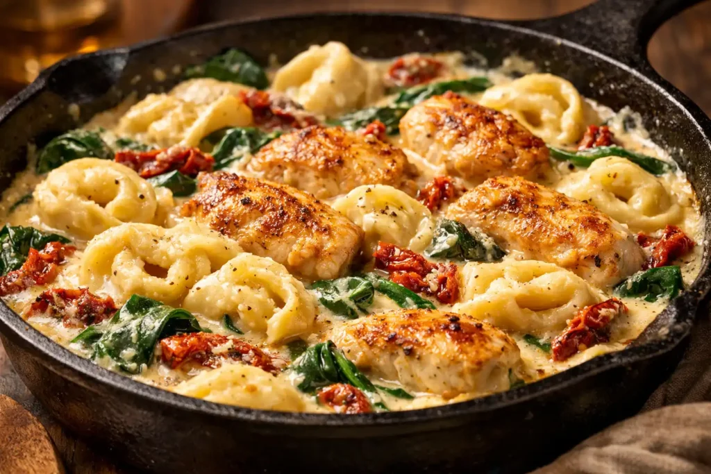 chicken tortellini recipes creamy skillet with spinach sun dried tomatoes and parmesan in cast iron pan