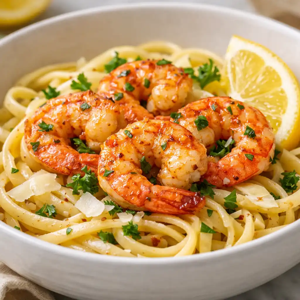 garlic butter shrimp pasta plated in white bowl with golden seared shrimp linguine lemon wedge fresh parsley and parmesan