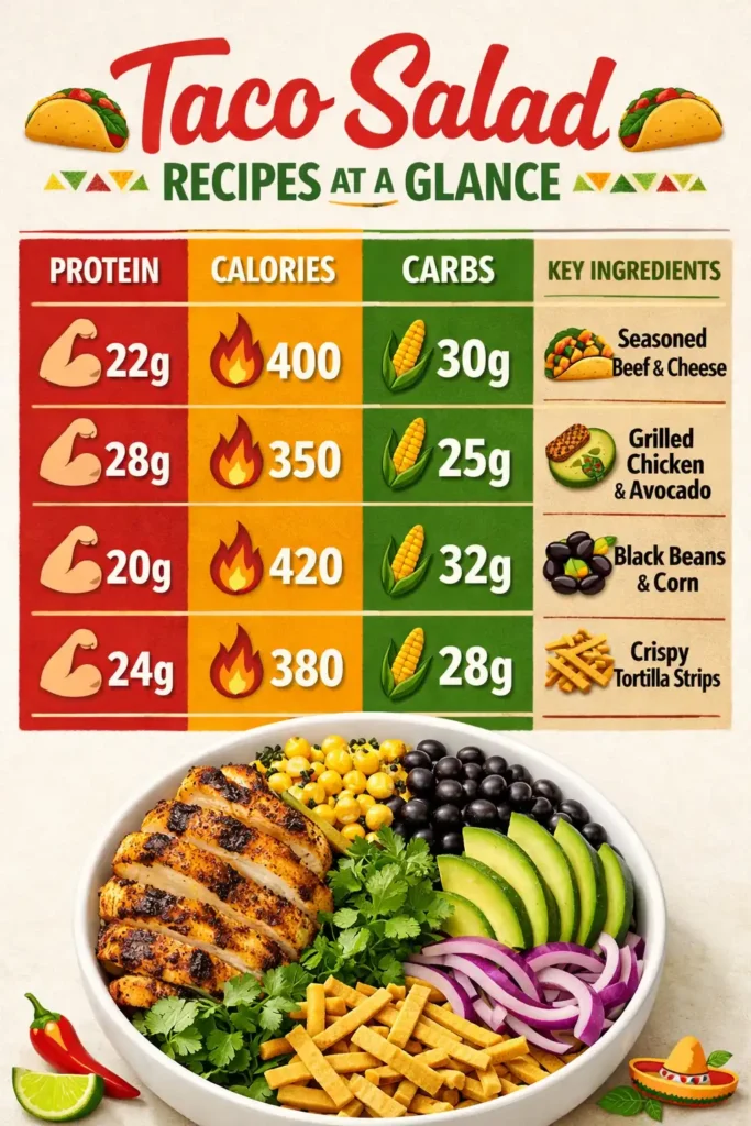 taco salad recipes nutrition comparison infographic showing protein calories and carbs across four variations