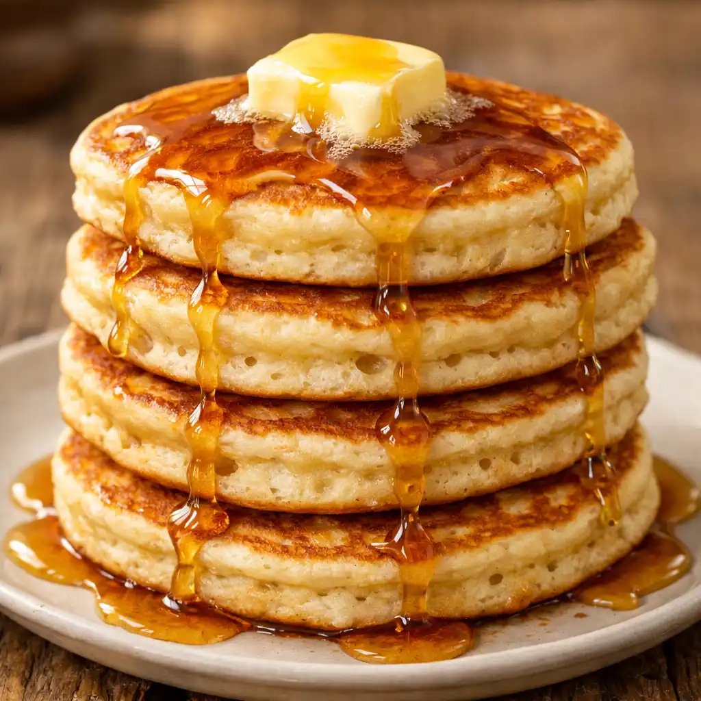 homemade pancake recipe stack of fluffy golden pancakes with butter and maple syrup
