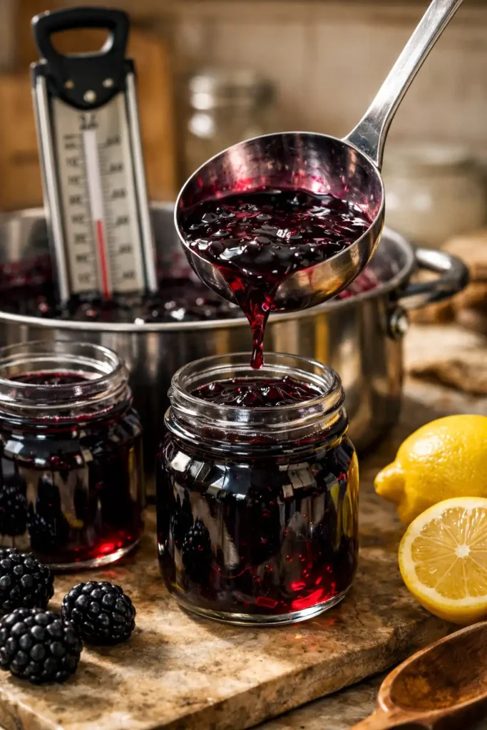 blackberry jelly recipe being ladled into mason jars with fresh blackberries and candy thermometer on kitchen counter