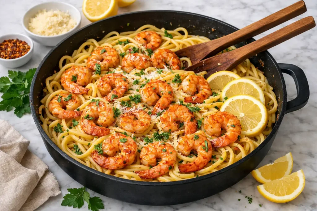 garlic butter shrimp pasta in large skillet with linguine golden shrimp lemon slices fresh parsley and parmesan