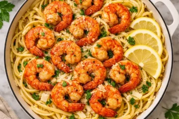 garlic butter shrimp pasta overhead flat lay in white skillet with golden shrimp linguine lemon parsley and parmesan