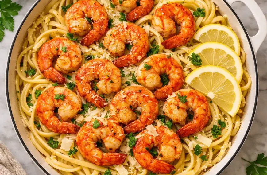 garlic butter shrimp pasta overhead flat lay in white skillet with golden shrimp linguine lemon parsley and parmesan