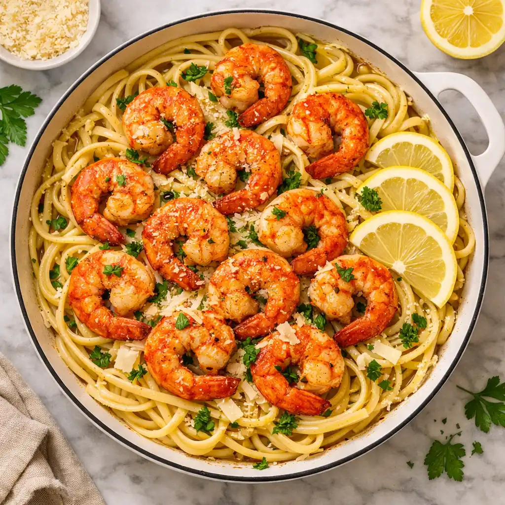 garlic butter shrimp pasta overhead flat lay in white skillet with golden shrimp linguine lemon parsley and parmesan