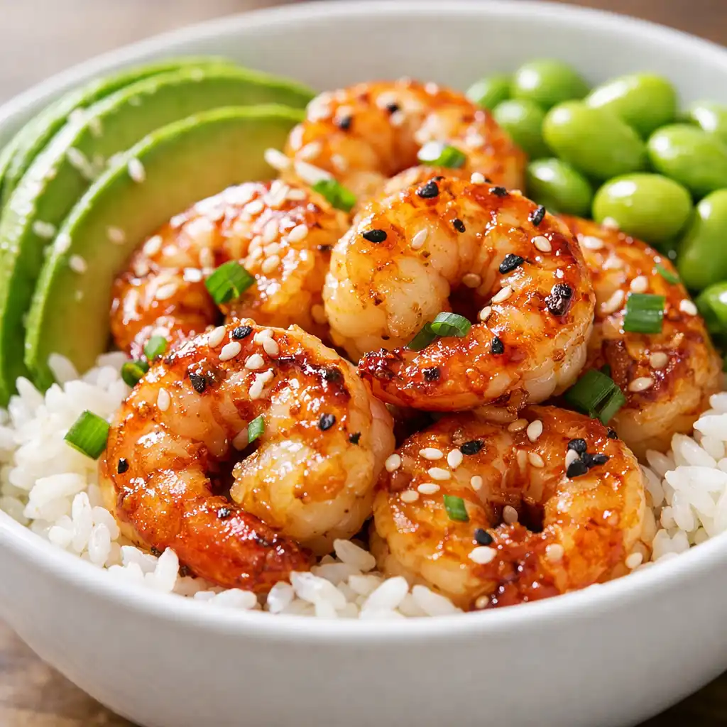 shrimp rice bowl garlic butter shrimp with avocado edamame and sesame seeds in white bowl