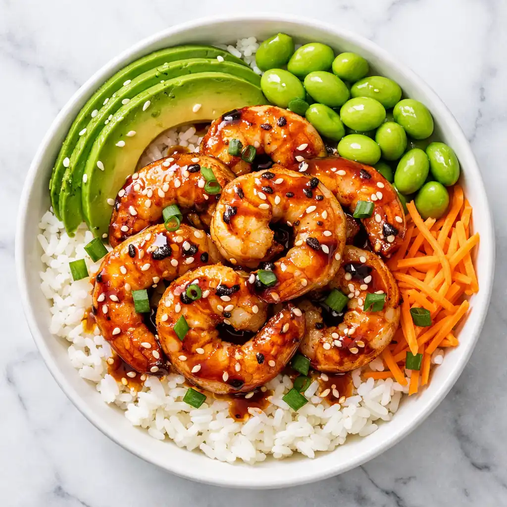 shrimp rice bowl with garlic butter shrimp avocado edamame carrots and sesame seeds overhead flat lay