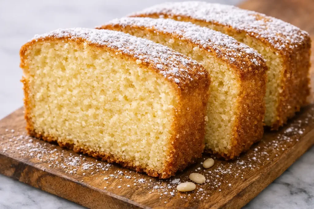 pound cake from cake mix sliced on wooden board showing dense moist golden crumb with powdered sugar dusting