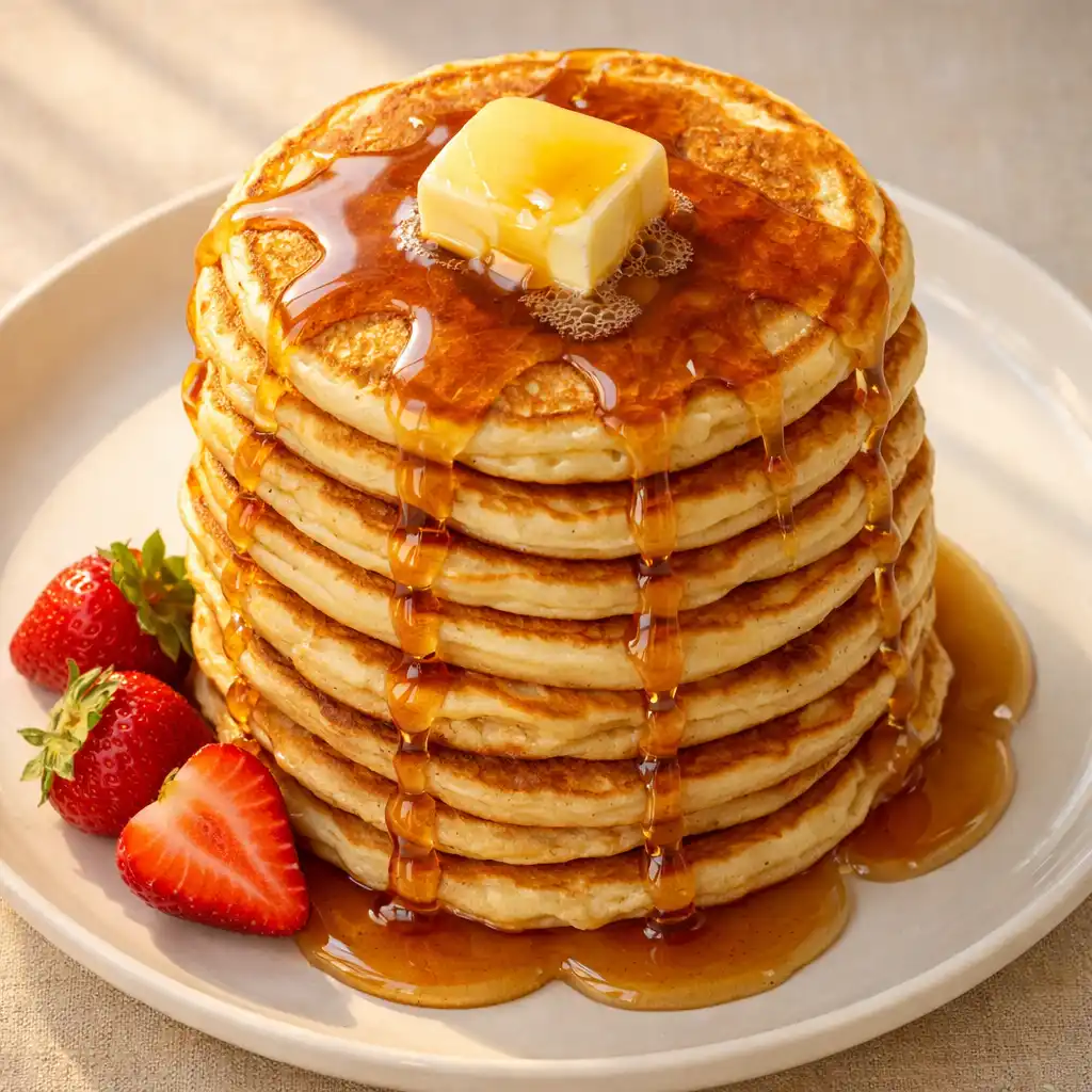 homemade pancake recipe fluffy golden stack with butter and maple syrup