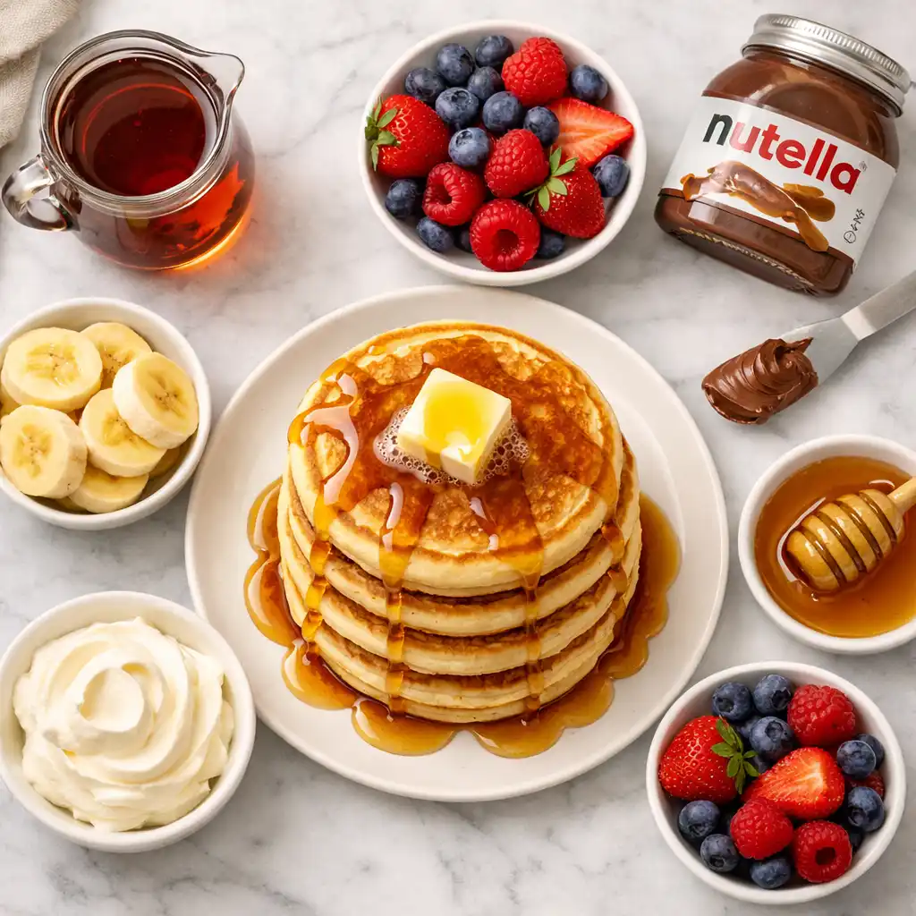 homemade pancake recipe toppings spread with maple syrup berries and whipped cream