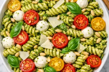 pesto pasta salad overhead flat lay with rotini cherry tomatoes mozzarella basil and pine nuts in white bowl