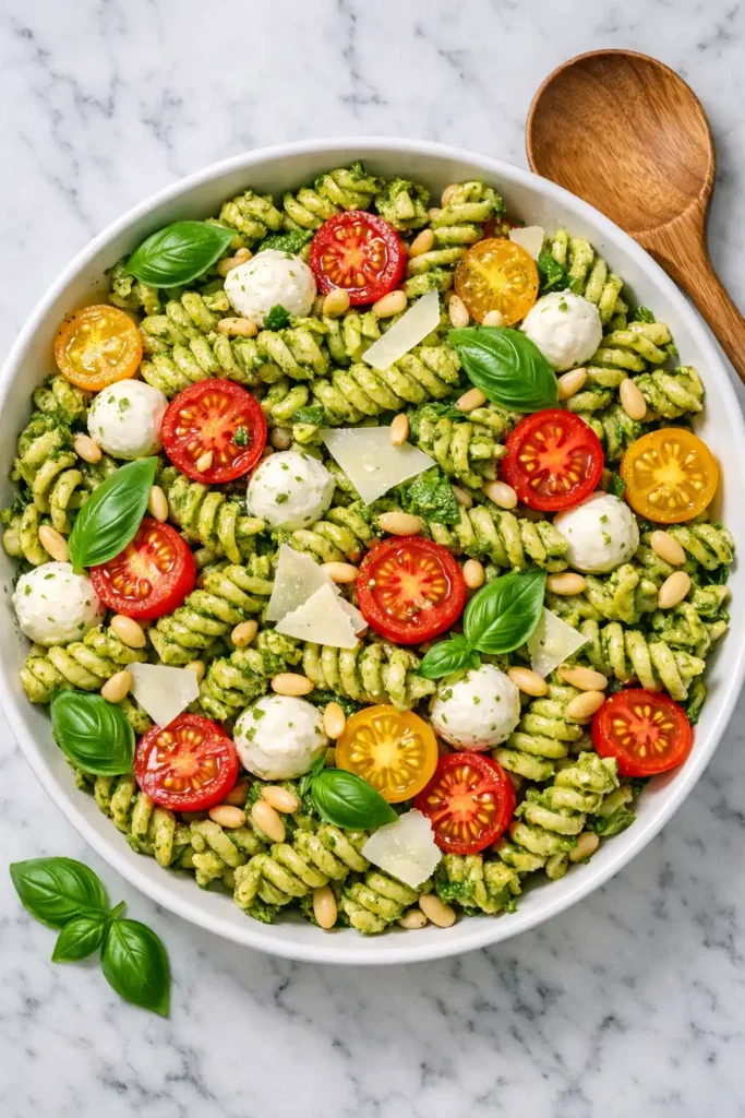 pesto pasta salad overhead flat lay with rotini cherry tomatoes mozzarella basil and pine nuts in white bowl
