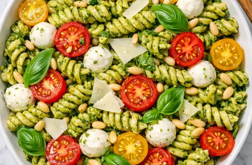 pesto pasta salad overhead flat lay with rotini cherry tomatoes mozzarella basil and pine nuts in white bowl