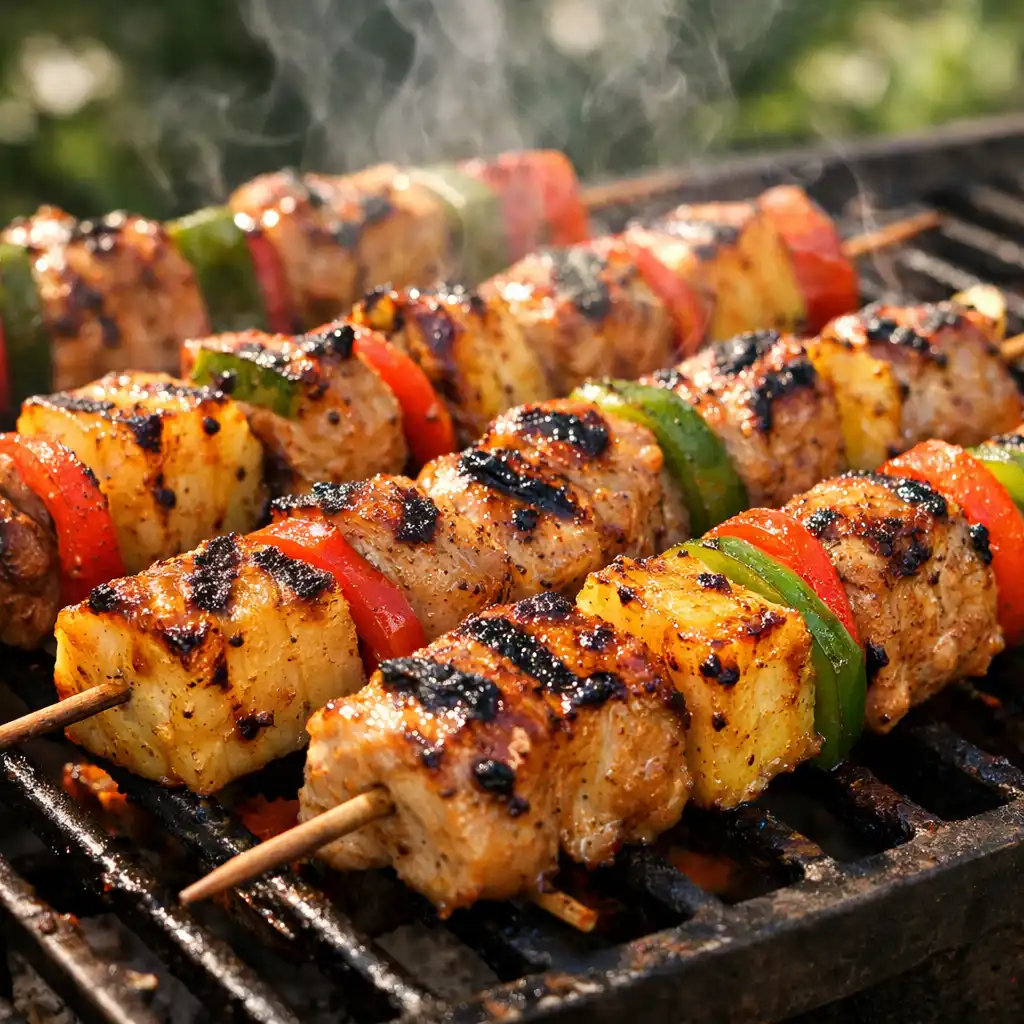 Hawaiian chicken kabobs with sweet pineapple sizzling on grill with caramelized pineapple and colorful peppers
