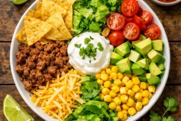 taco salad recipes overhead flat lay with ground beef avocado cheese and tortilla chips