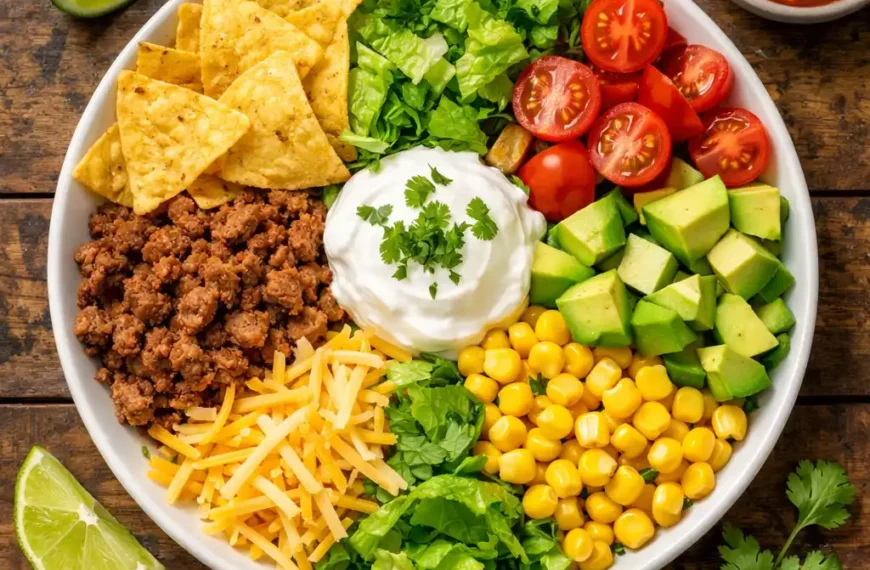 taco salad recipes overhead flat lay with ground beef avocado cheese and tortilla chips