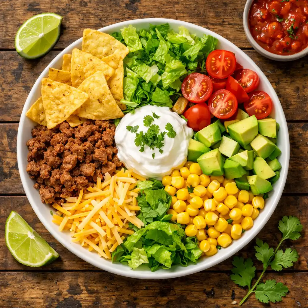 taco salad recipes overhead flat lay with ground beef avocado cheese and tortilla chips