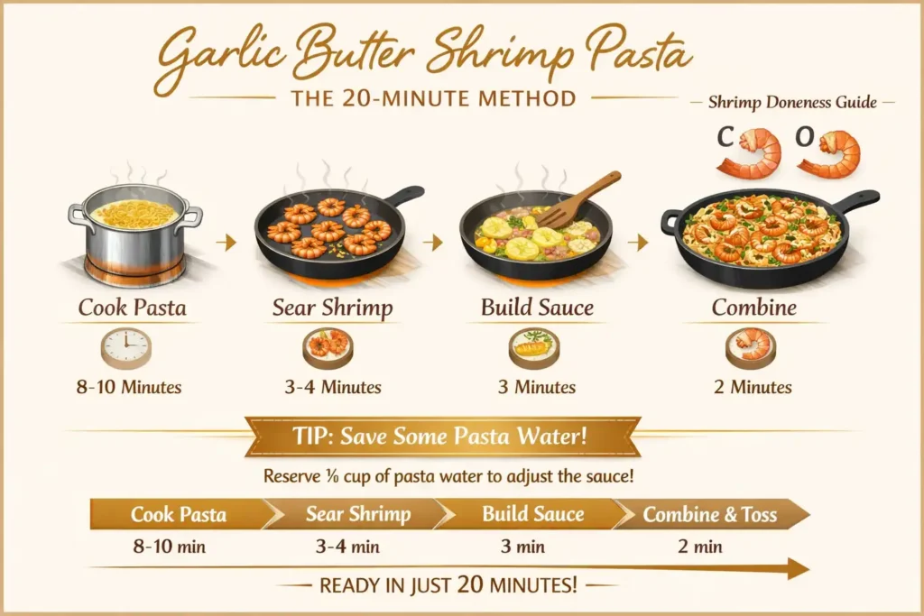 garlic butter shrimp pasta recipe infographic showing 20 minute timeline shrimp doneness guide and sauce building technique