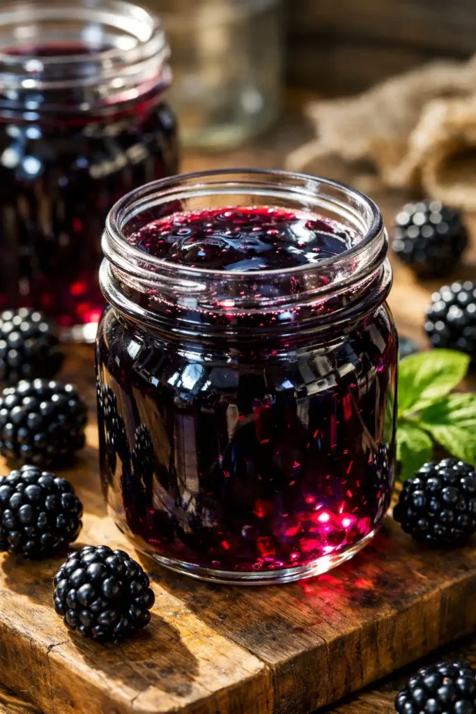blackberry jelly recipe jars of deep purple homemade blackberry jelly on wooden board with fresh blackberries
