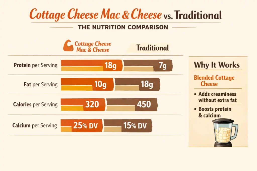 cottage cheese mac and cheese nutrition infographic comparing protein fat and calories versus traditional mac and cheese with cooking tips