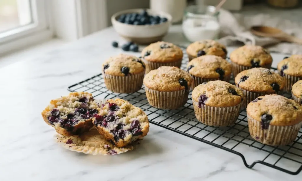 Batch of keto blueberry muffins cooling on a wire rack