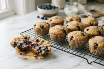Batch of keto blueberry muffins cooling on a wire rack