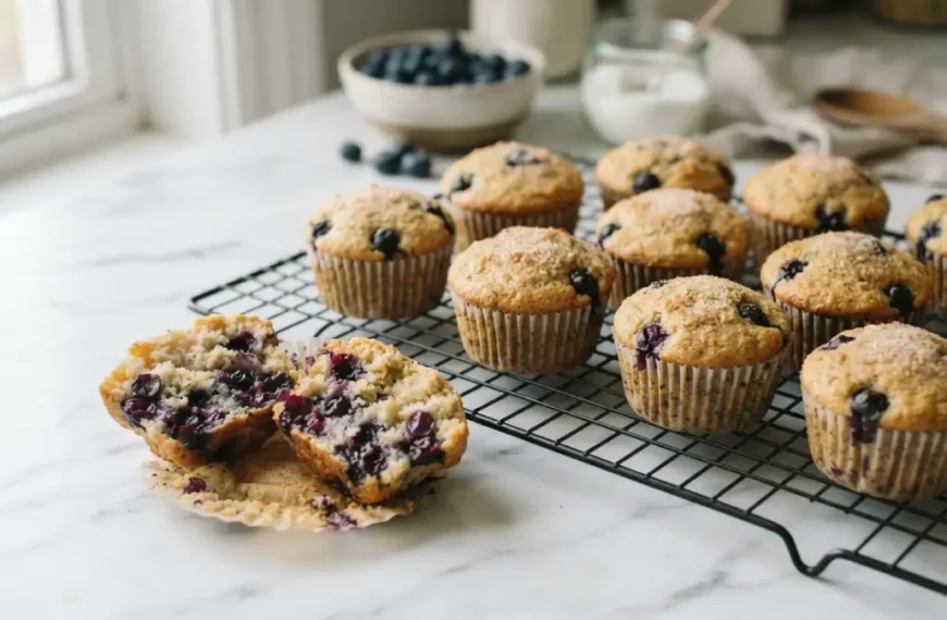 Batch of keto blueberry muffins cooling on a wire rack