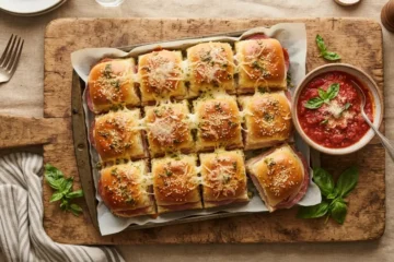 Pan of Italian sliders recipe fresh from the oven with a golden herb crust