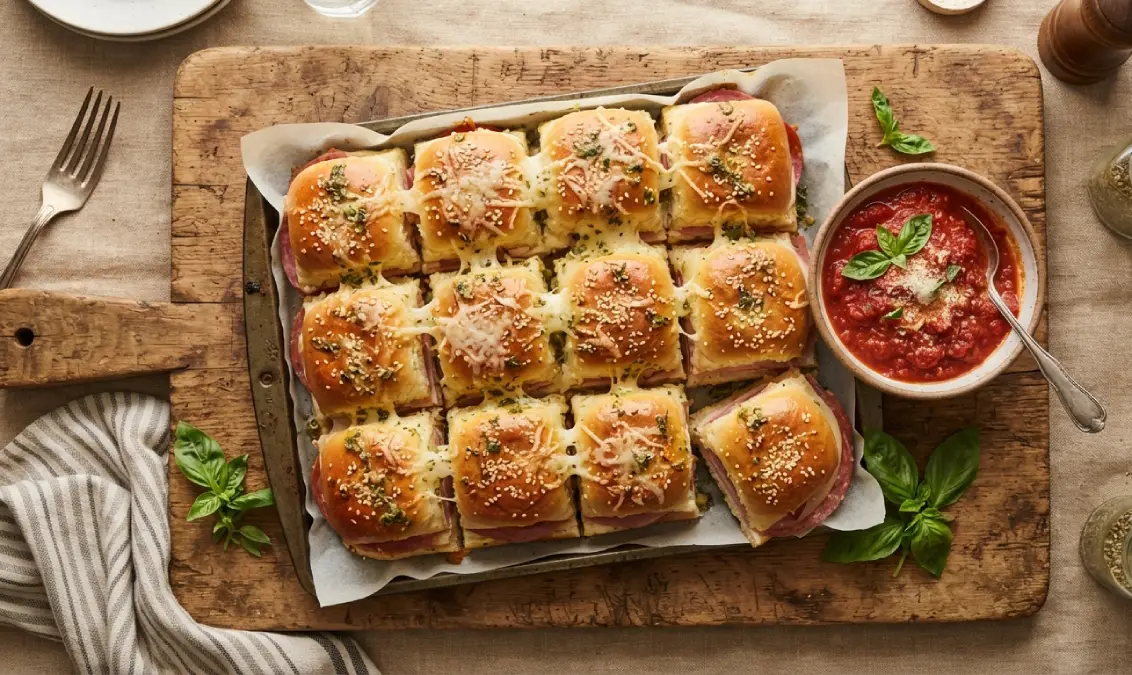 Pan of Italian sliders recipe fresh from the oven with a golden herb crust