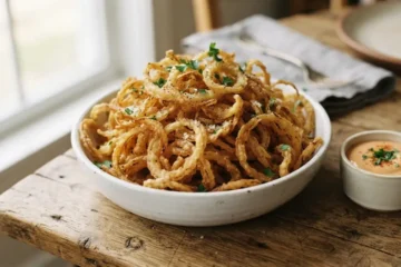 Crispy air fryer onion strings piled in a serving bowl