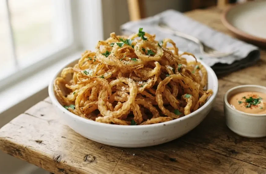 Crispy air fryer onion strings piled in a serving bowl