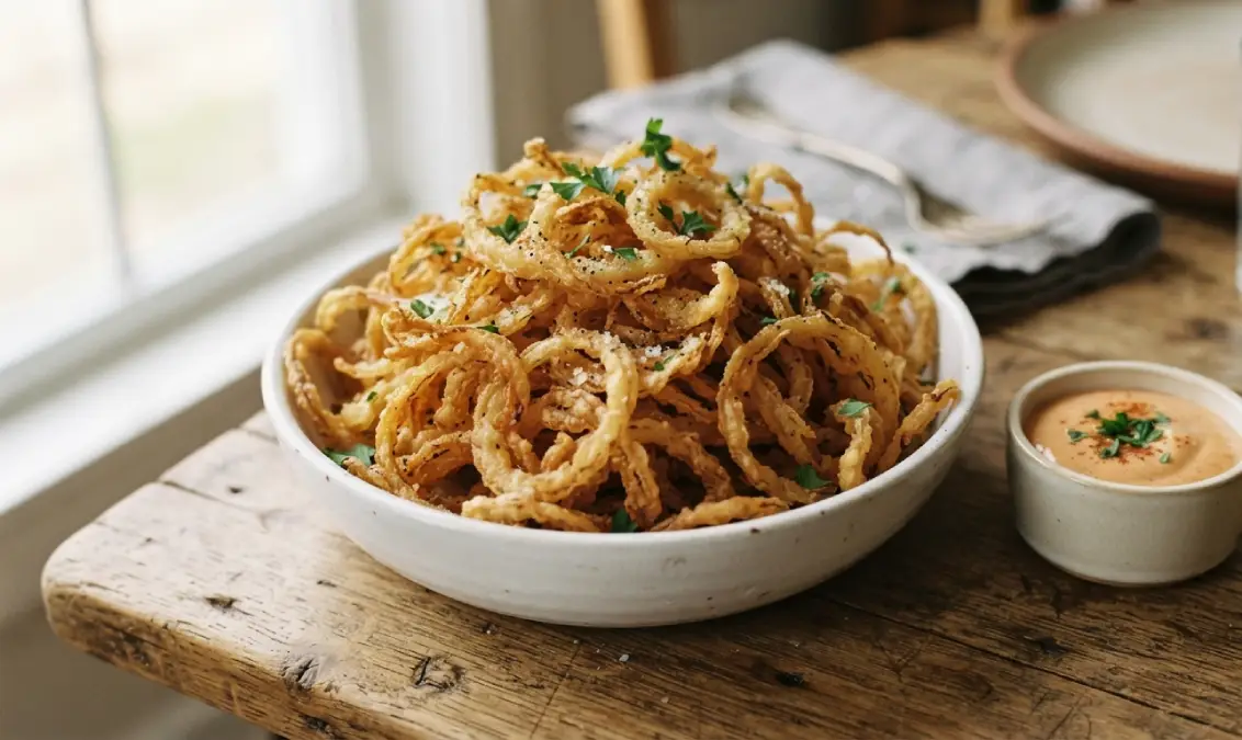 Crispy air fryer onion strings piled in a serving bowl