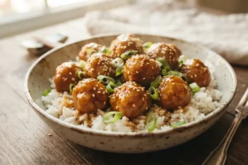 Plate of honey garlic meatballs coated in glossy golden sauce