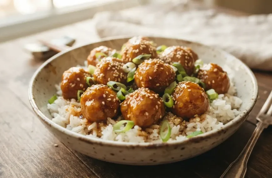 Plate of honey garlic meatballs coated in glossy golden sauce