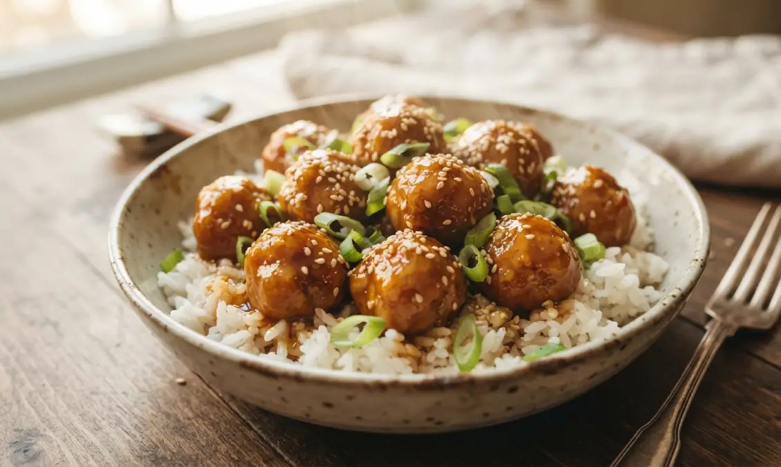 Plate of honey garlic meatballs coated in glossy golden sauce
