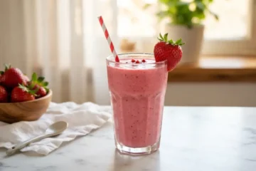 Glass of creamy strawberry smoothie without banana garnished with fresh strawberries