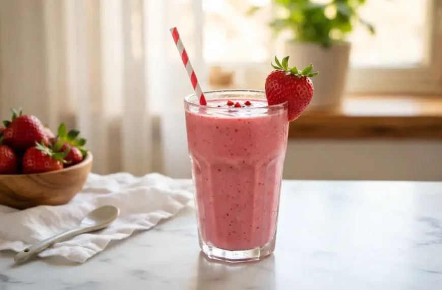 Glass of creamy strawberry smoothie without banana garnished with fresh strawberries
