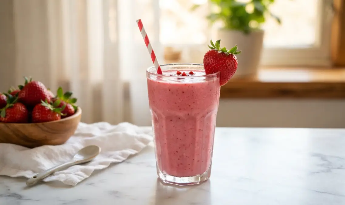 Glass of creamy strawberry smoothie without banana garnished with fresh strawberries