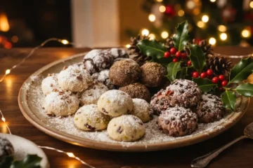 Five varieties of chocolate snowball cookies arranged on a festive holiday plate