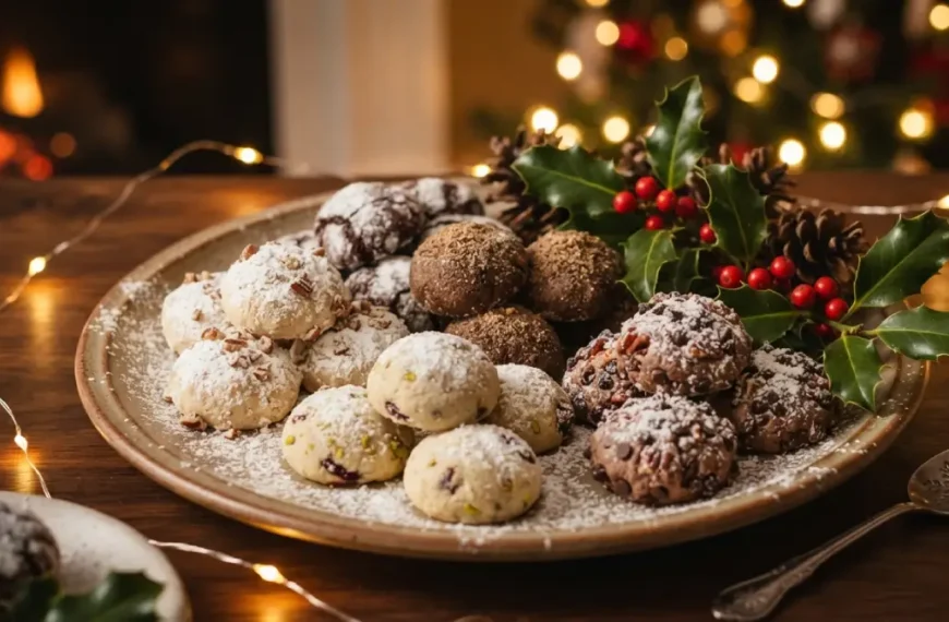 Five varieties of chocolate snowball cookies arranged on a festive holiday plate