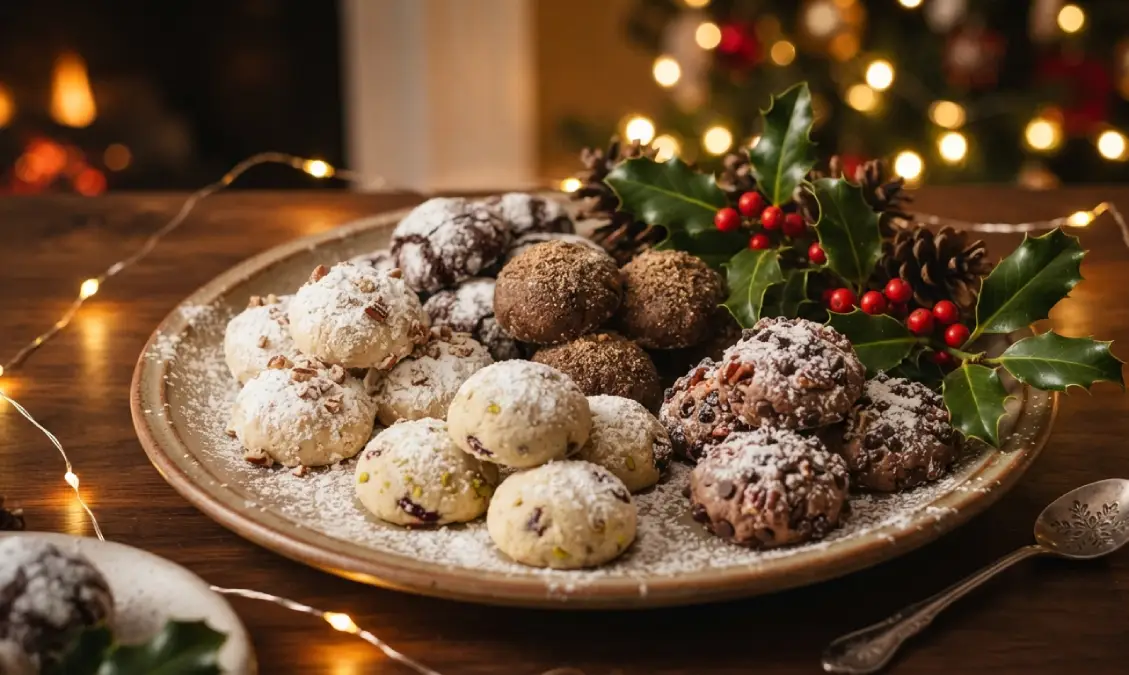 Five varieties of chocolate snowball cookies arranged on a festive holiday plate