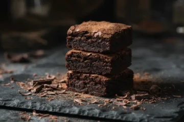 Stack of fudgy keto brownie recipe squares on a dark plate