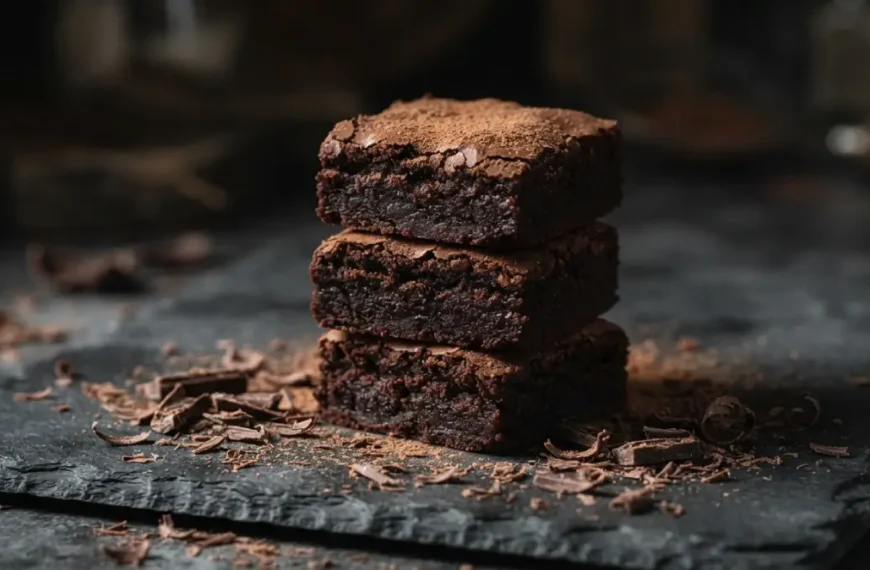Stack of fudgy keto brownie recipe squares on a dark plate