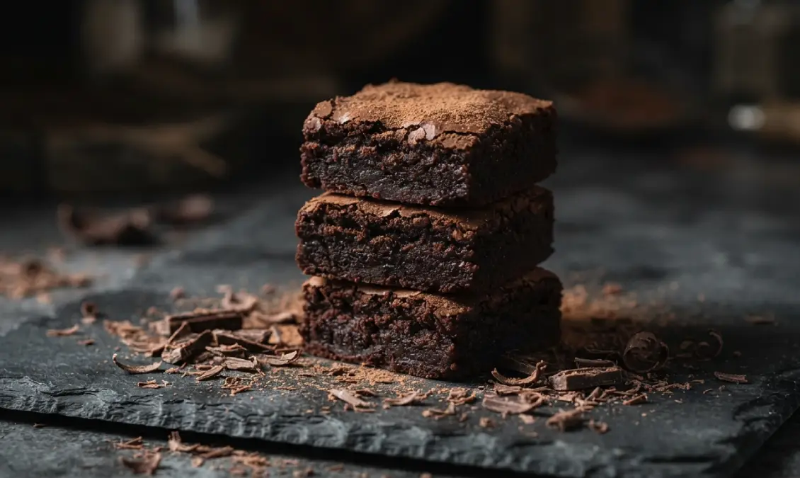 Stack of fudgy keto brownie recipe squares on a dark plate