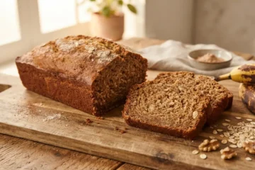 Freshly baked loaf of protein banana bread sliced on a wooden board