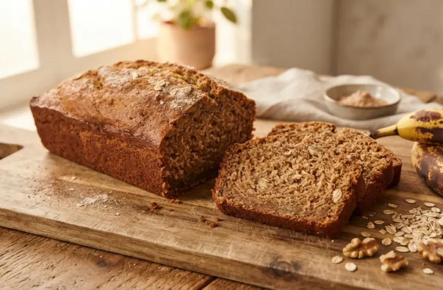 Freshly baked loaf of protein banana bread sliced on a wooden board