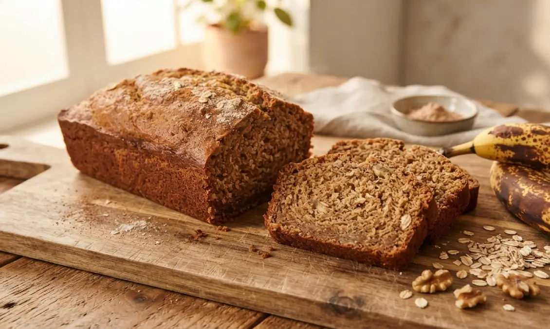Freshly baked loaf of protein banana bread sliced on a wooden board