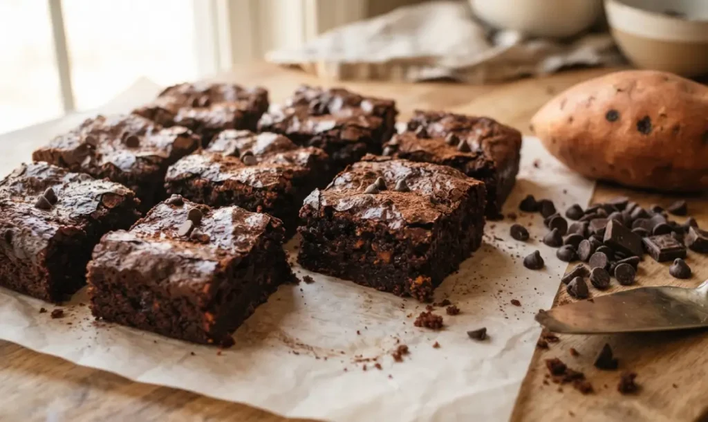 Freshly sliced sweet potato brownies recipe squares showing a dense fudgy crumb