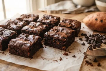 Freshly sliced sweet potato brownies recipe squares showing a dense fudgy crumb
